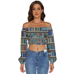 Bookshelf Long Sleeve Crinkled Weave Crop Top by uniart180623