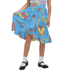 Hand-drawn-seamless-pattern-summer-time Kids  Ruffle Flared Wrap Midi Skirt by uniart180623