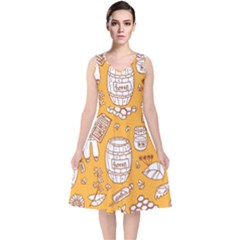 Vector-honey-element-doodle-seamless-pattern-with-beehive-beeke V-neck Midi Sleeveless Dress  by uniart180623