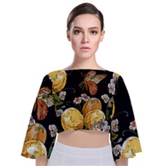 Embroidery-blossoming-lemons-butterfly-seamless-pattern Tie Back Butterfly Sleeve Chiffon Top by uniart180623