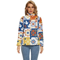 Mexican-talavera-pattern-ceramic-tiles-with-flower-leaves-bird-ornaments-traditional-majolica-style- Women s Puffer Bubble Jacket Coat by uniart180623