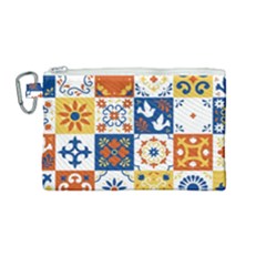 Mexican-talavera-pattern-ceramic-tiles-with-flower-leaves-bird-ornaments-traditional-majolica-style- Canvas Cosmetic Bag (medium) by uniart180623