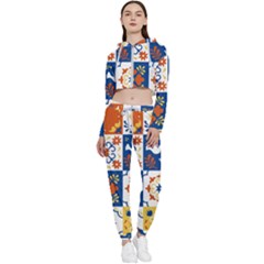 Mexican-talavera-pattern-ceramic-tiles-with-flower-leaves-bird-ornaments-traditional-majolica-style- Cropped Zip Up Lounge Set by uniart180623