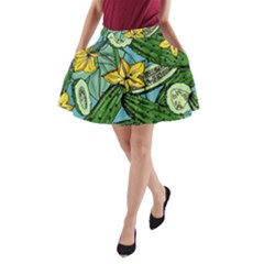 Seamless-pattern-with-cucumber-slice-flower-colorful-hand-drawn-background-with-vegetables-wallpaper A-line Pocket Skirt by uniart180623