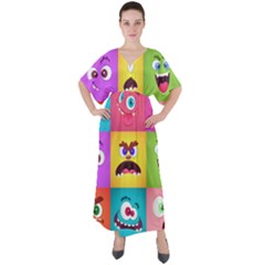 Monsters-emotions-scary-faces-masks-with-mouth-eyes-aliens-monsters-emoticon-set V-neck Boho Style Maxi Dress by uniart180623