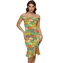 Seamless Pattern With Doodle Bunny Off Shoulder Ruffle Split Hem Bodycon Dress by uniart180623