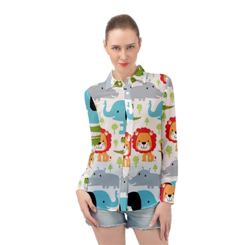 Seamless-pattern-vector-with-animals-cartoon Long Sleeve Chiffon Shirt by uniart180623