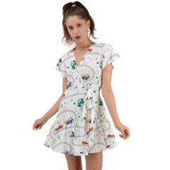 Cute-children-s-seamless-pattern-with-cars-road-park-houses-white-background-illustration-town Flutter Sleeve Wrap Dress by uniart180623