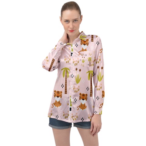 Cute-tiger-car-safari-seamless-pattern Long Sleeve Satin Shirt by uniart180623