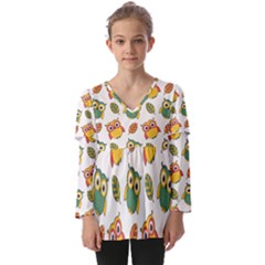 Background-with-owls-leaves-pattern Kids  V Neck Casual Top by uniart180623