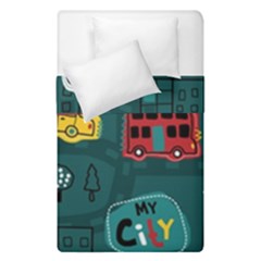 Seamless-pattern-hand-drawn-with-vehicles-buildings-road Duvet Cover Double Side (single Size) by uniart180623