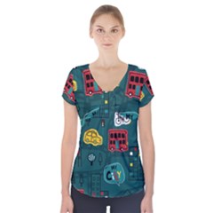 Seamless-pattern-hand-drawn-with-vehicles-buildings-road Short Sleeve Front Detail Top by uniart180623