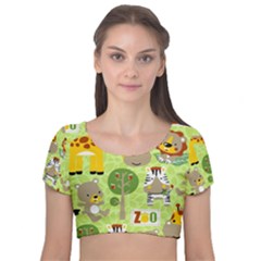 Funny-animals-cartoon Velvet Short Sleeve Crop Top  by uniart180623