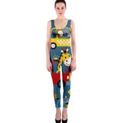 Seamless-pattern-vehicles-cartoon-with-funny-drivers One Piece Catsuit by uniart180623
