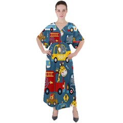Seamless-pattern-vehicles-cartoon-with-funny-drivers V-neck Boho Style Maxi Dress by uniart180623