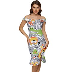 Seamless-pattern-with-wildlife-cartoon Off Shoulder Ruffle Split Hem Bodycon Dress by uniart180623