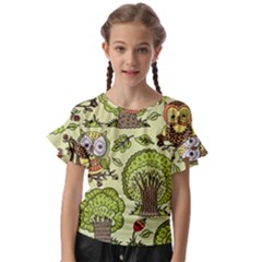 Seamless-pattern-with-trees-owls Kids  Cut Out Flutter Sleeves by uniart180623