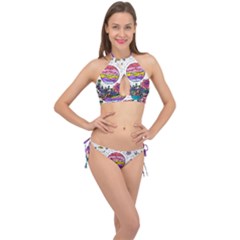 Rainbow Fun Cute Minimal Doodle Drawing Unique Cross Front Halter Bikini Set by uniart180623