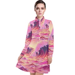 Waves Ocean Sea Tsunami Nautical Red Yellow Long Sleeve Chiffon Shirt Dress by uniart180623
