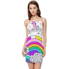Rainbow Fun Cute Minimal Doodle Drawing Art Summer Tie Front Dress by uniart180623