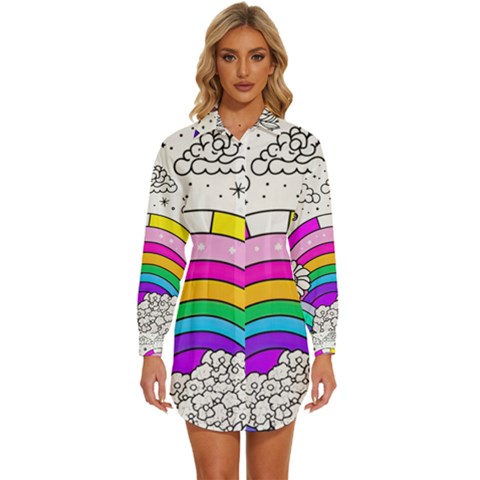 Rainbow Fun Cute Minimal Doodle Drawing Art Womens Long Sleeve Shirt Dress by uniart180623