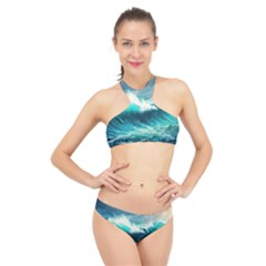 Waves Ocean Sea Tsunami Nautical Painting High Neck Bikini Set by uniart180623