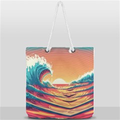 Waves Ocean Sea Tsunami Nautical Art Nature Full Print Rope Handle Tote (large) by uniart180623