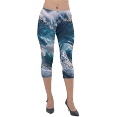 Tsunami Waves Ocean Sea Water Rough Seas Lightweight Velour Capri Leggings  by uniart180623