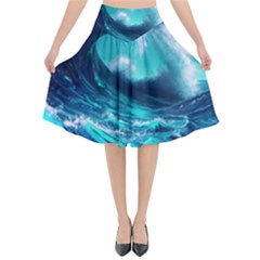 Tsunami Tidal Wave Ocean Waves Sea Nature Water Flared Midi Skirt by uniart180623