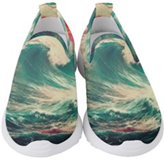 Storm Tsunami Waves Ocean Sea Nautical Nature Painting Kids  Slip On Sneakers by uniart180623
