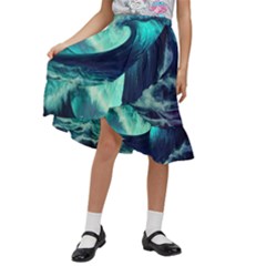 Ai Generated Waves Ocean Sea Tsunami Nautical Fantasy Kids  Ruffle Flared Wrap Midi Skirt by uniart180623