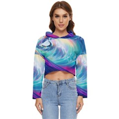 Waves Ocean Sea Tsunami Nautical Nature Water Women s Lightweight Cropped Hoodie by uniart180623
