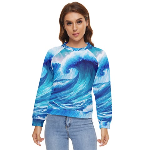 Tsunami Tidal Wave Ocean Waves Sea Nature Water Blue Painting Women s Long Sleeve Raglan Tee by uniart180623
