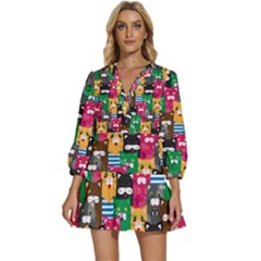 Cat Funny Colorful Pattern V-neck Placket Mini Dress by uniart180623