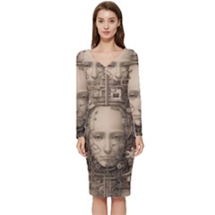 Cyborg Robot Future Drawing Poster Long Sleeve V-neck Bodycon Dress  by Ravend