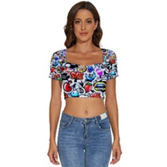 Graffiti Art Cartoon Comic Short Sleeve Square Neckline Crop Top  by uniart180623