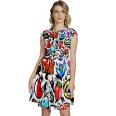 Graffiti Art Cartoon Comic Cap Sleeve High Waist Dress by uniart180623