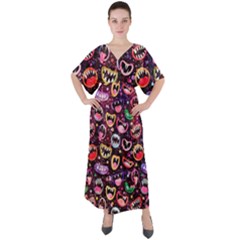 Funny Monster Mouths V-neck Boho Style Maxi Dress by uniart180623