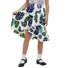 Leaves Watercolor Ornamental Decorative Design Kids  Ruffle Flared Wrap Midi Skirt by Simbadda