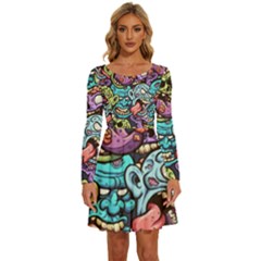 Zombie Heads Pattern Long Sleeve Wide Neck Velvet Dress by Simbadda