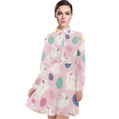 Cute Bunnies Easter Eggs Seamless Pattern Long Sleeve Chiffon Shirt Dress by Simbadda