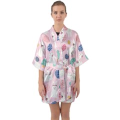 Cute Bunnies Easter Eggs Seamless Pattern Half Sleeve Satin Kimono  by Simbadda
