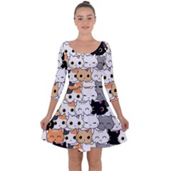 Cute Cat Kitten Cartoon Doodle Seamless Pattern Quarter Sleeve Skater Dress by Simbadda