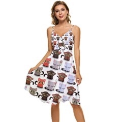 Seamless Pattern With Cute Little Kittens Various Color Sleeveless Tie Front Chiffon Dress by Simbadda