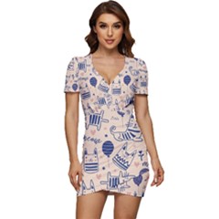 Cute Cats Doodle Seamless Pattern With Funny Characters Low Cut Cap Sleeve Mini Dress by Simbadda