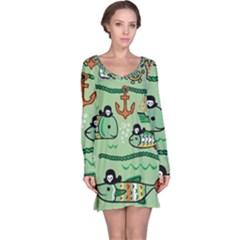Seamless Pattern Fishes Pirates Cartoon Long Sleeve Nightdress by Simbadda