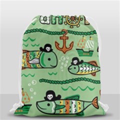 Seamless Pattern Fishes Pirates Cartoon Drawstring Bag (small) by Simbadda
