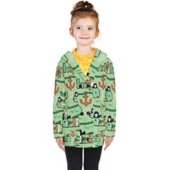 Seamless Pattern Fishes Pirates Cartoon Kids  Double Breasted Button Coat by Simbadda