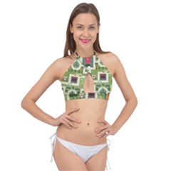 City Seamless Pattern Cross Front Halter Bikini Top by Simbadda