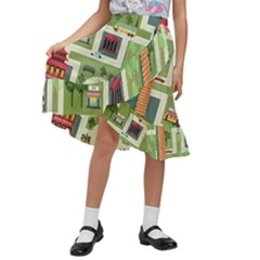 City Seamless Pattern Kids  Ruffle Flared Wrap Midi Skirt by Simbadda